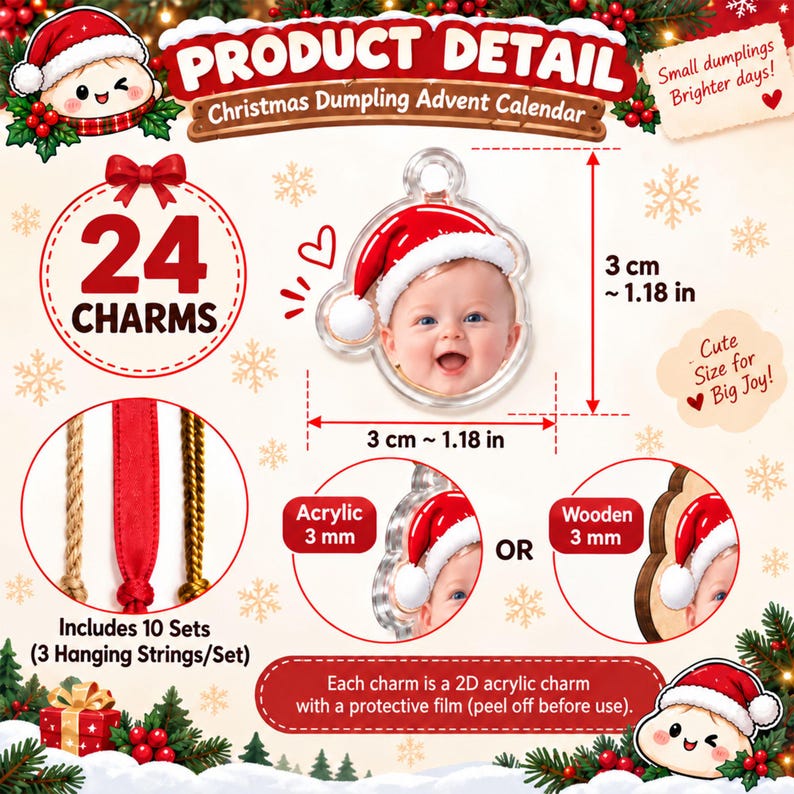 Personalized Baby First Christmas Advent Calendar, Custom Face Photo & Name Ornaments