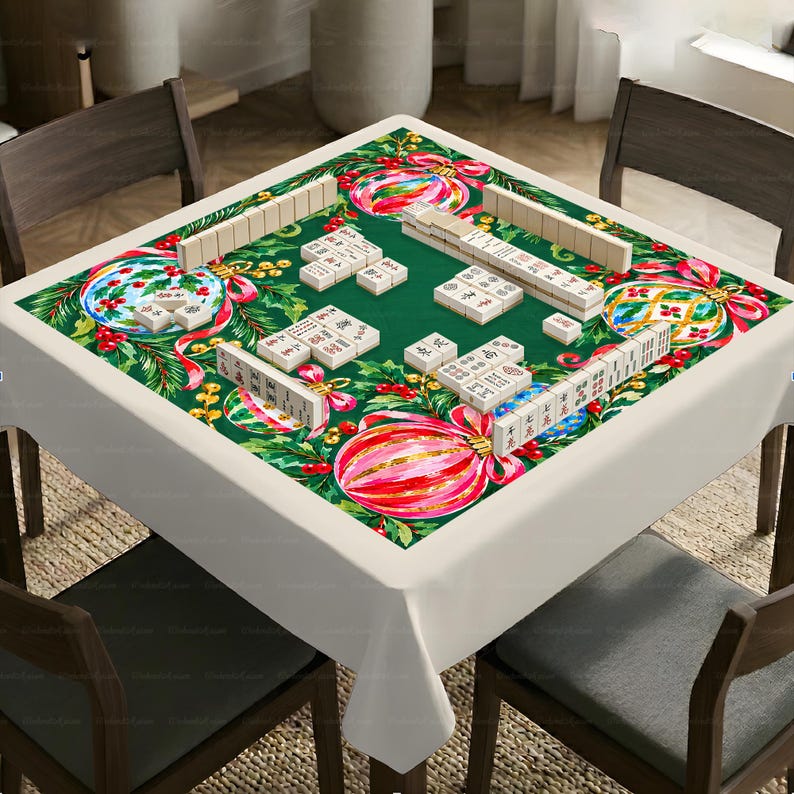 Christmas Ornament Mahjong Mat, Holiday Mahjong Game Mat, Green Festive Mahjong Table Cover