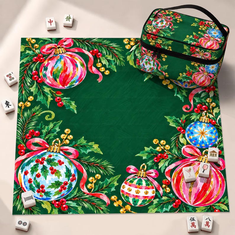 Christmas Ornament Mahjong Mat, Holiday Mahjong Game Mat, Green Festive Mahjong Table Cover
