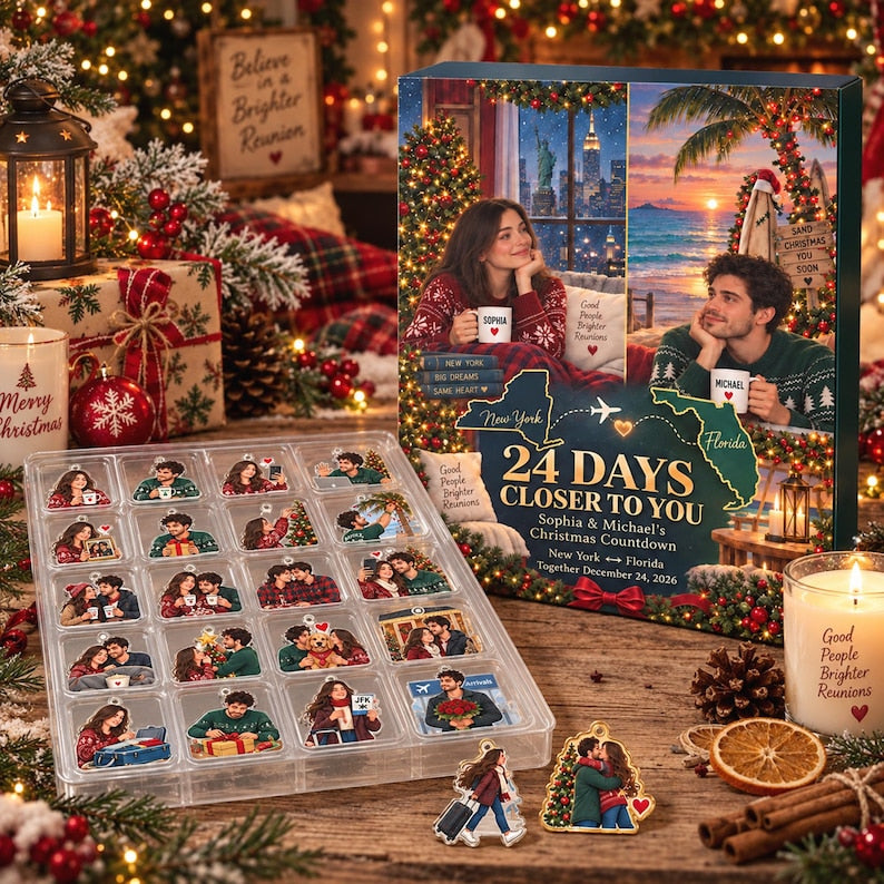 Personalized Long Distance Couple Advent Calendar 2026, 24pcs Acrylic Ornaments, Christmas Reunion Gift
