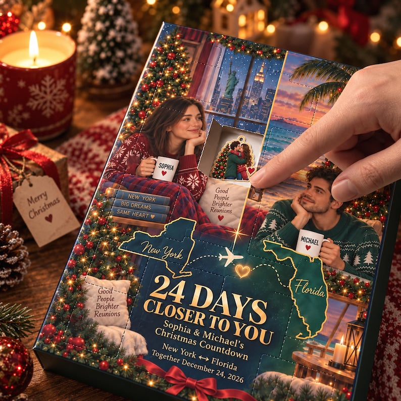 Personalized Long Distance Couple Advent Calendar 2026, 24pcs Acrylic Ornaments, Christmas Reunion Gift