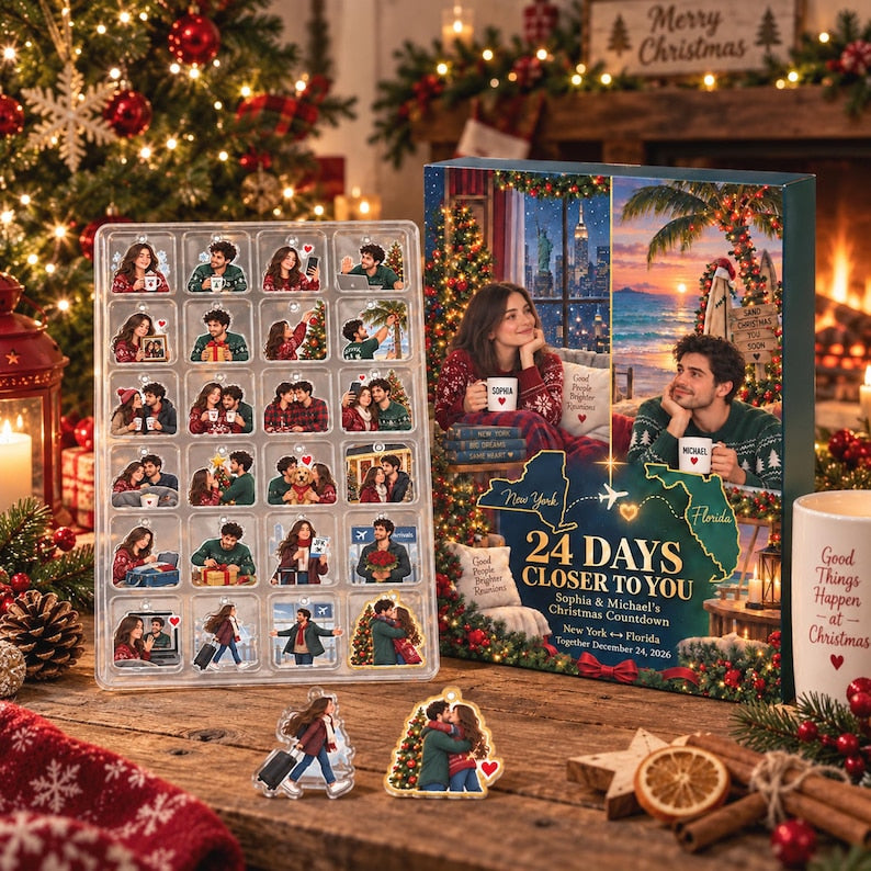 Personalized Long Distance Couple Advent Calendar 2026, 24pcs Acrylic Ornaments, Christmas Reunion Gift