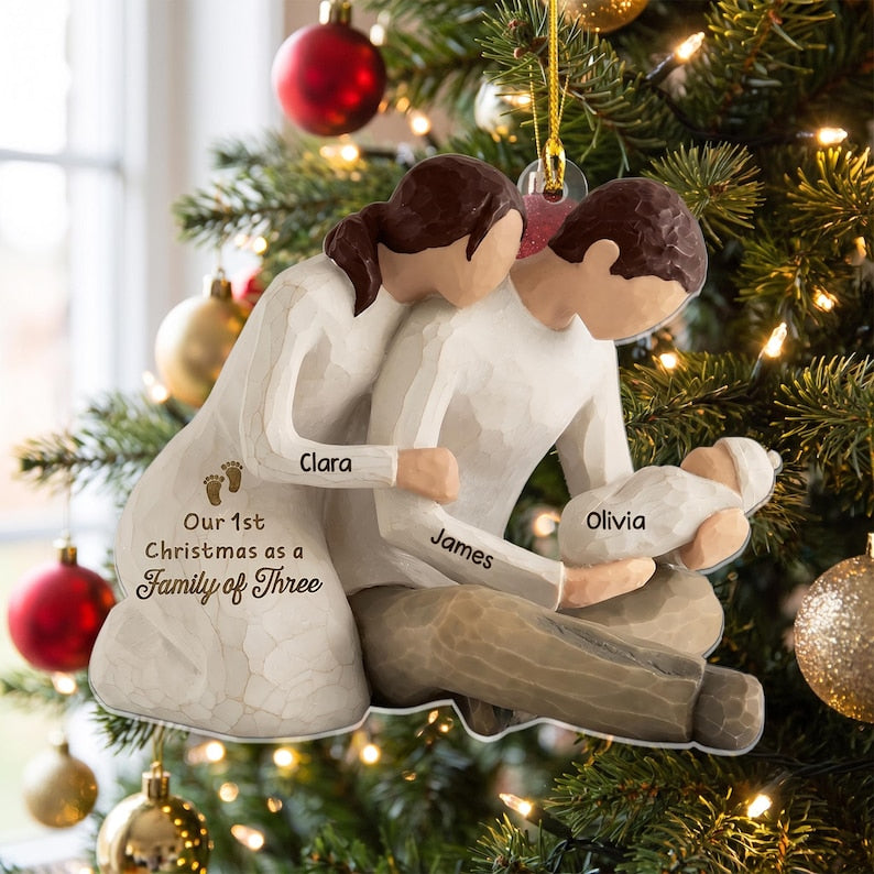 Our First Christmas As Family Of Three, Personalize Christmas Acrylic Ornament, Baby First Christmas Tree Ornament