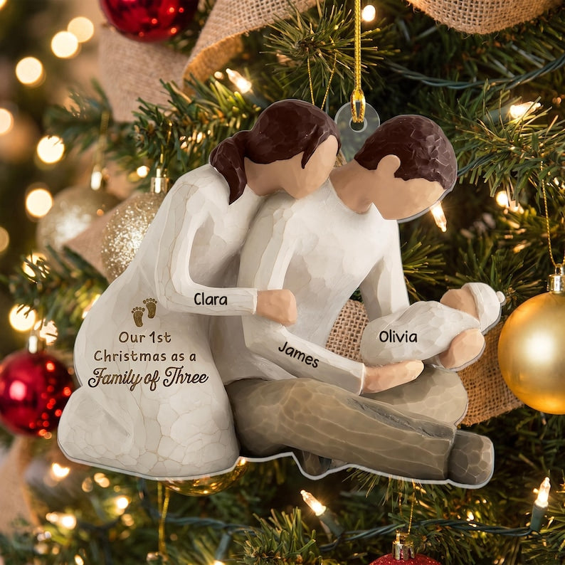 Our First Christmas As Family Of Three, Personalize Christmas Acrylic Ornament, Baby First Christmas Tree Ornament