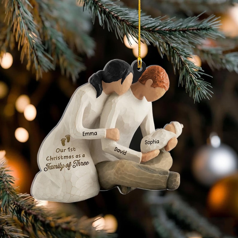 Our First Christmas As Family Of Three, Personalize Christmas Acrylic Ornament, Baby First Christmas Tree Ornament