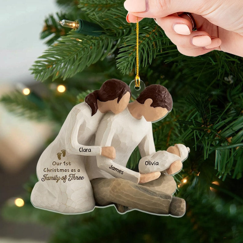 Our First Christmas As Family Of Three, Personalize Christmas Acrylic Ornament, Baby First Christmas Tree Ornament