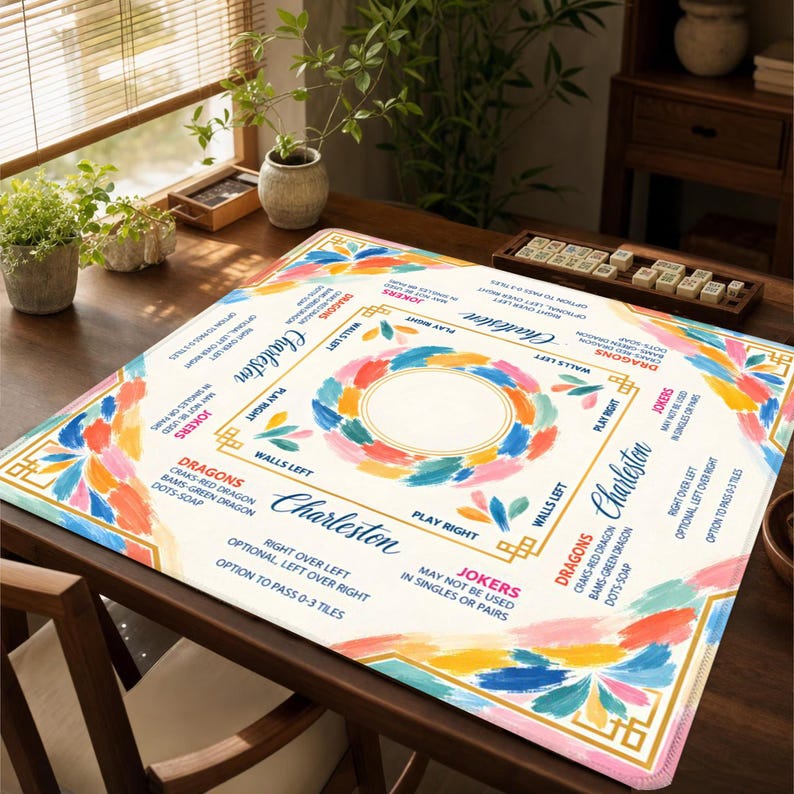 American Mahjong Mat with Rules, Colorful Brushstroke Modern Design, Beginner Mahjong Gift for Her, Padded Table Mat