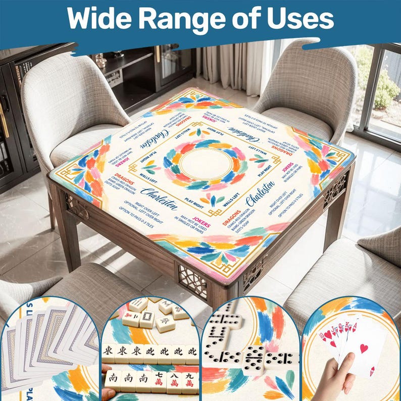 American Mahjong Mat with Rules, Colorful Brushstroke Modern Design, Beginner Mahjong Gift for Her, Padded Table Mat