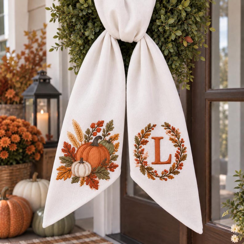 Personalized Fall Pumpkin Wreath Sash, Embroidered Fall Monogram Bow, Orange Toile Front Door Decor