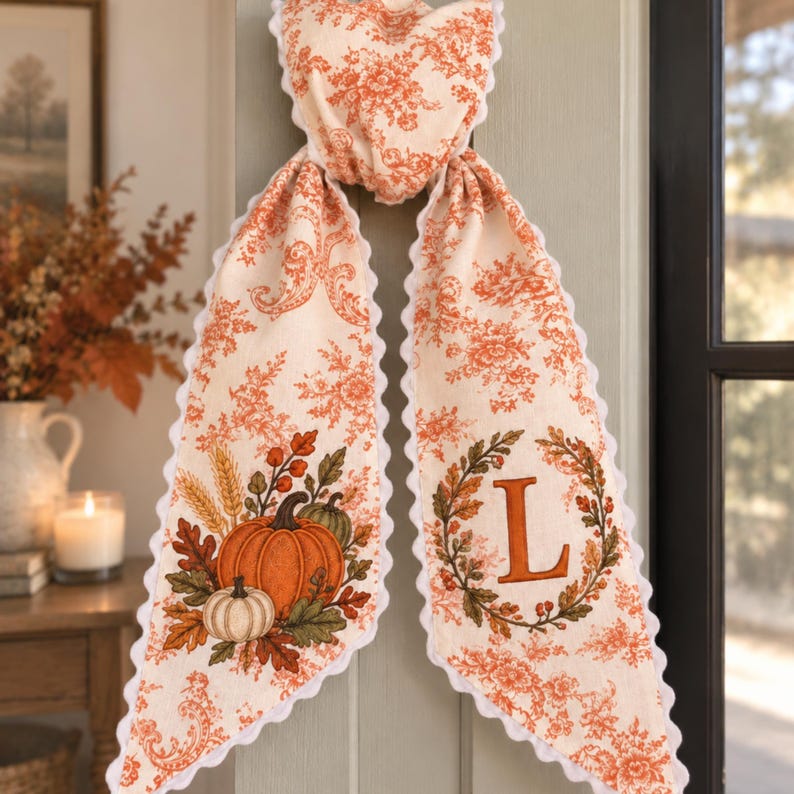 Personalized Fall Pumpkin Wreath Sash, Embroidered Fall Monogram Bow, Orange Toile Front Door Decor