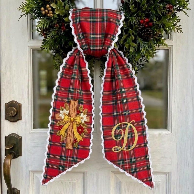 Tartan Wreath Sash, Monogram Christmas Door Sash, Embroidered Cross Plaid Wreath Bow, Christian Holiday Front Door Decor
