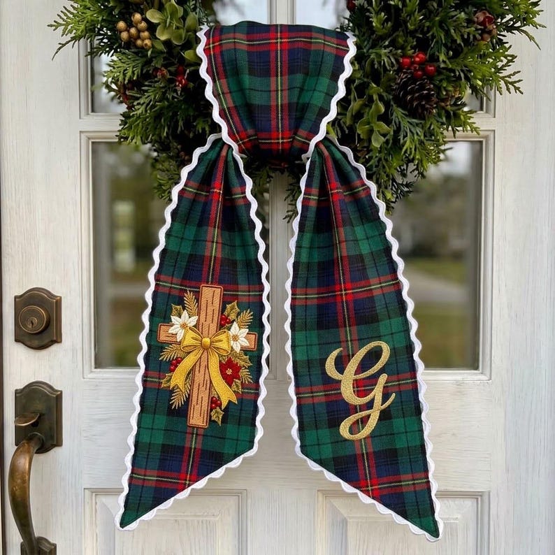 Tartan Wreath Sash, Monogram Christmas Door Sash, Embroidered Cross Plaid Wreath Bow, Christian Holiday Front Door Decor