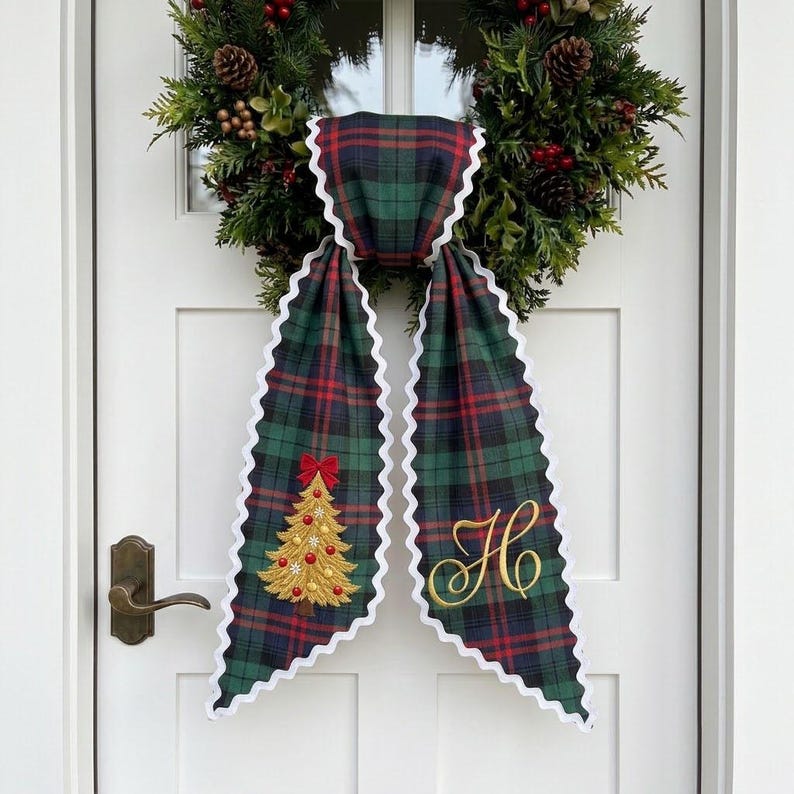 Custom Tartan Wreath Sash, Plaid Monogram Door Bow, Christmas Tree Front Door Decor, Embroidered Holiday Ribbon