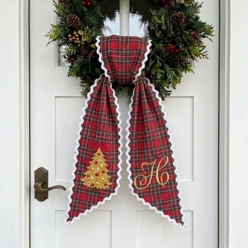 Custom Tartan Wreath Sash, Plaid Monogram Door Bow, Christmas Tree Front Door Decor, Embroidered Holiday Ribbon