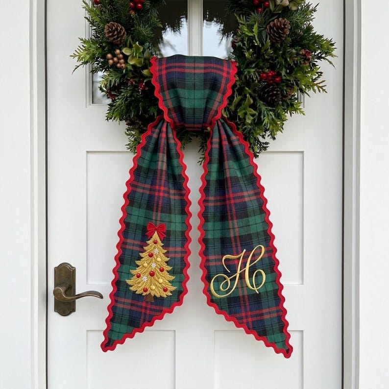 Custom Tartan Wreath Sash, Plaid Monogram Door Bow, Christmas Tree Front Door Decor, Embroidered Holiday Ribbon
