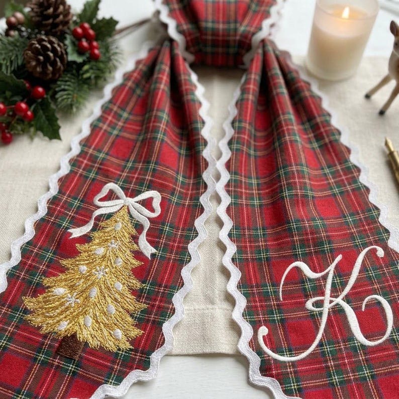 Personalized Plaid Christmas Wreath Sash, Monogram Front Door Ribbon, Embroidered Gold Tree Holiday Decor