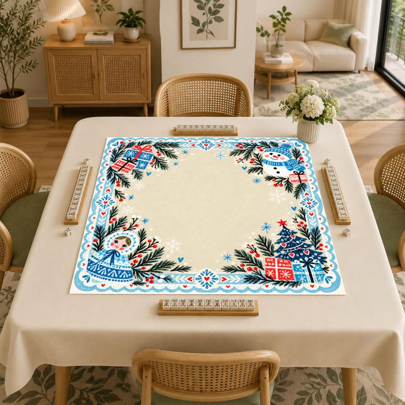 Nordic Snowman Christmas Mahjong Mat, Babushka Doll Folk Art Winter Game Mat, Non Slip Mahjong Table Cover
