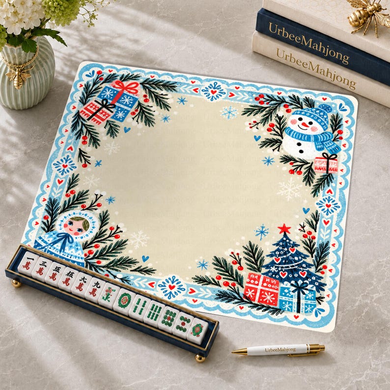 Nordic Snowman Christmas Mahjong Mat, Babushka Doll Folk Art Winter Game Mat, Non Slip Mahjong Table Cover