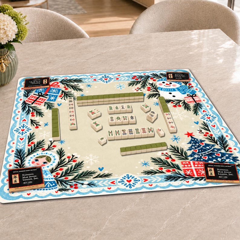 Nordic Snowman Christmas Mahjong Mat, Babushka Doll Folk Art Winter Game Mat, Non Slip Mahjong Table Cover