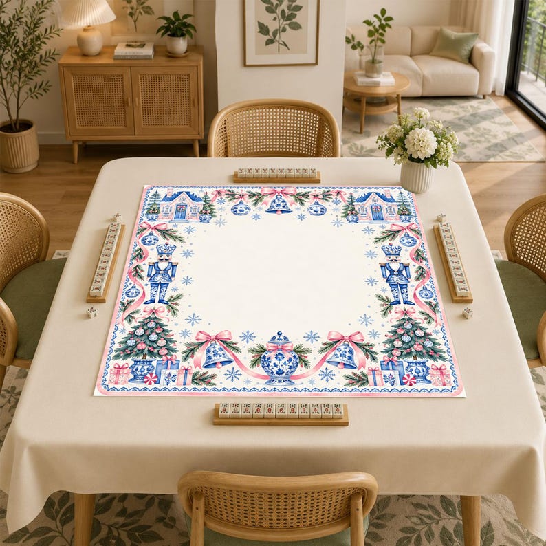 Blue Nutcracker Christmas Mahjong Mat, Non-Slip Table Play Mat, Chinoiserie Holiday Cover for American Mahjong