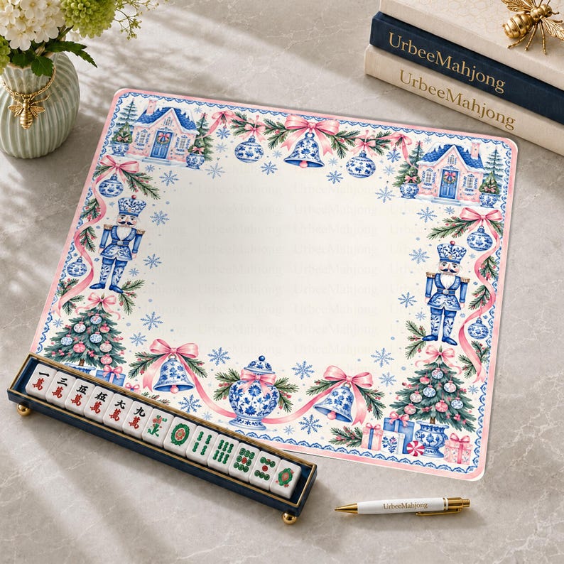 Blue Nutcracker Christmas Mahjong Mat, Non-Slip Table Play Mat, Chinoiserie Holiday Cover for American Mahjong