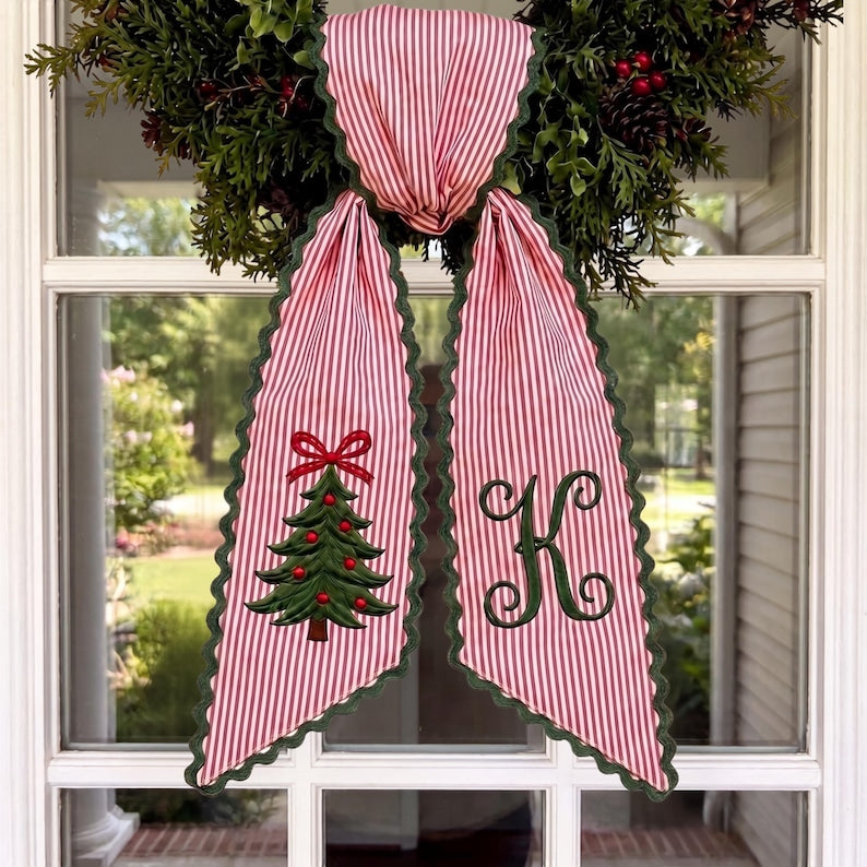Personalized Christmas Wreath Sash, Embroidered Tree Red White Striped Door Bow, Custom Monogram Holiday Front Door Decor