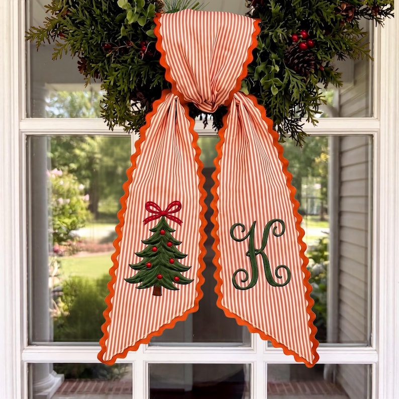 Personalized Christmas Wreath Sash, Embroidered Tree Red White Striped Door Bow, Custom Monogram Holiday Front Door Decor