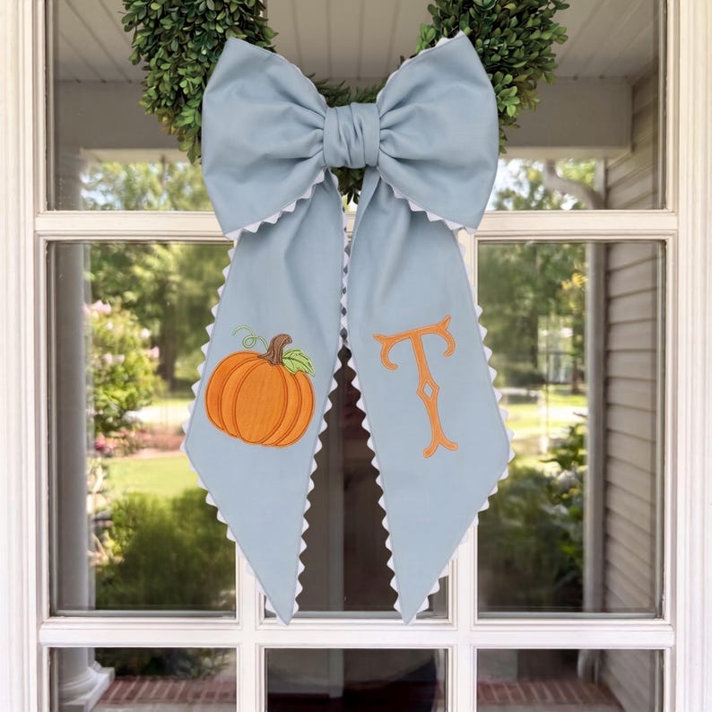 Personalized Embroidered Pumpkin Wreath Sash, Dusty Blue Monogram Fall Door Bow, Thanksgiving Autumn Front Door Decor
