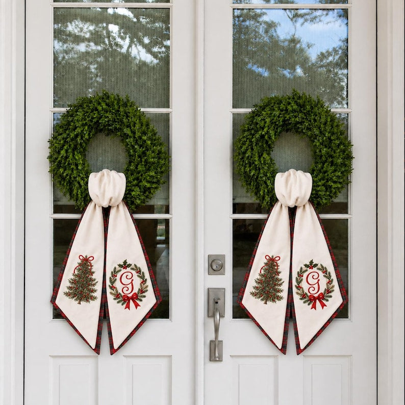 Christmas Tree Wreath Sash with Custom Monogram, Personalized Embroidered Holiday Door Bow Decor