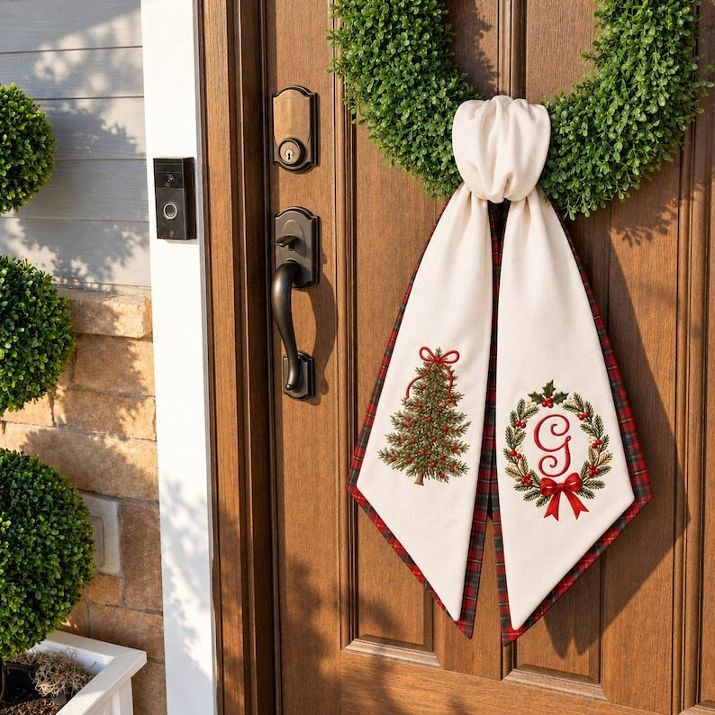 Christmas Tree Wreath Sash with Custom Monogram, Personalized Embroidered Holiday Door Bow Decor
