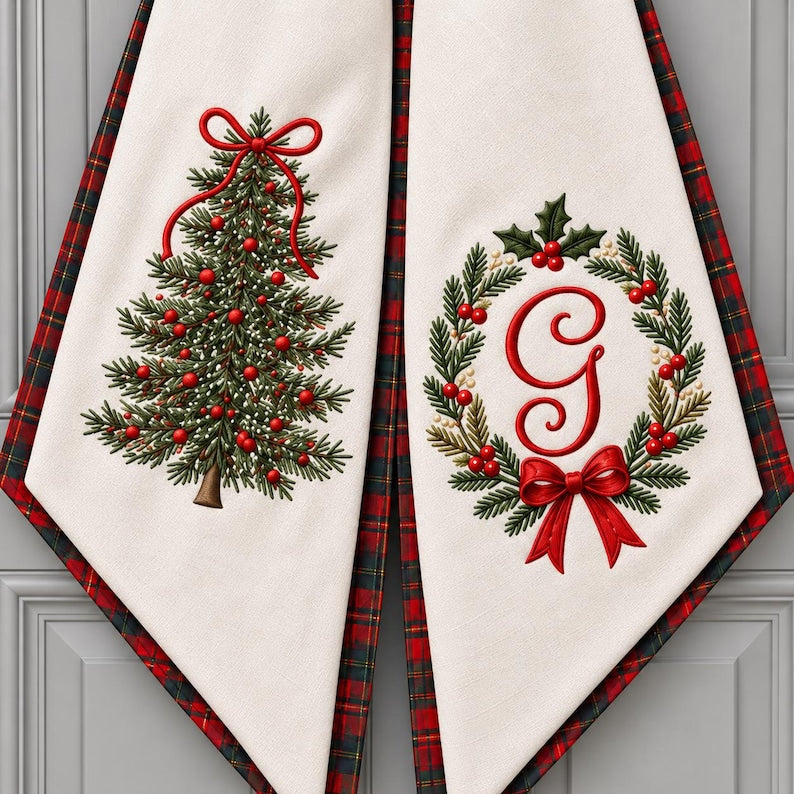 Christmas Tree Wreath Sash with Custom Monogram, Personalized Embroidered Holiday Door Bow Decor