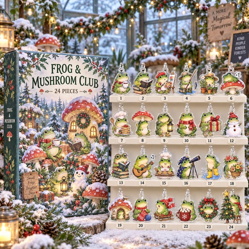 Frog and Mushroom Advent Calendar, 24 Acrylic Hanging Tokens, Whimsical Woodland Christmas Countdown Gift