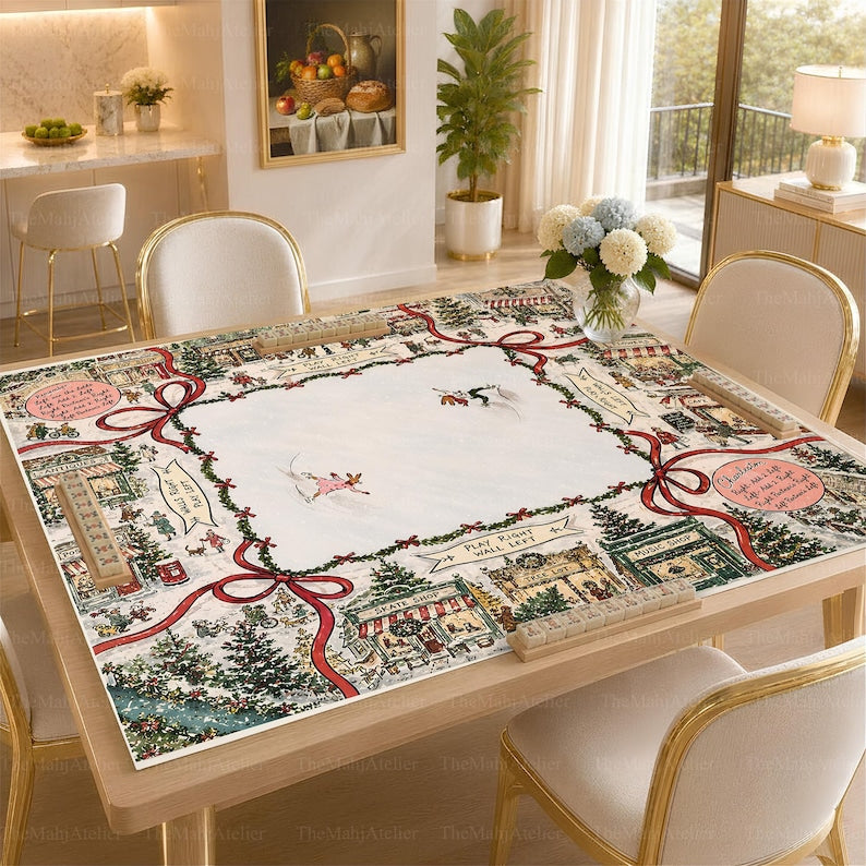 Christmas Village Mahjong Mat, Winter Town American Mahjong Game Mat, Holiday Snow Scene Non Slip Table Cover