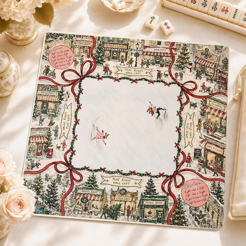 Christmas Village Mahjong Mat, Winter Town American Mahjong Game Mat, Holiday Snow Scene Non Slip Table Cover