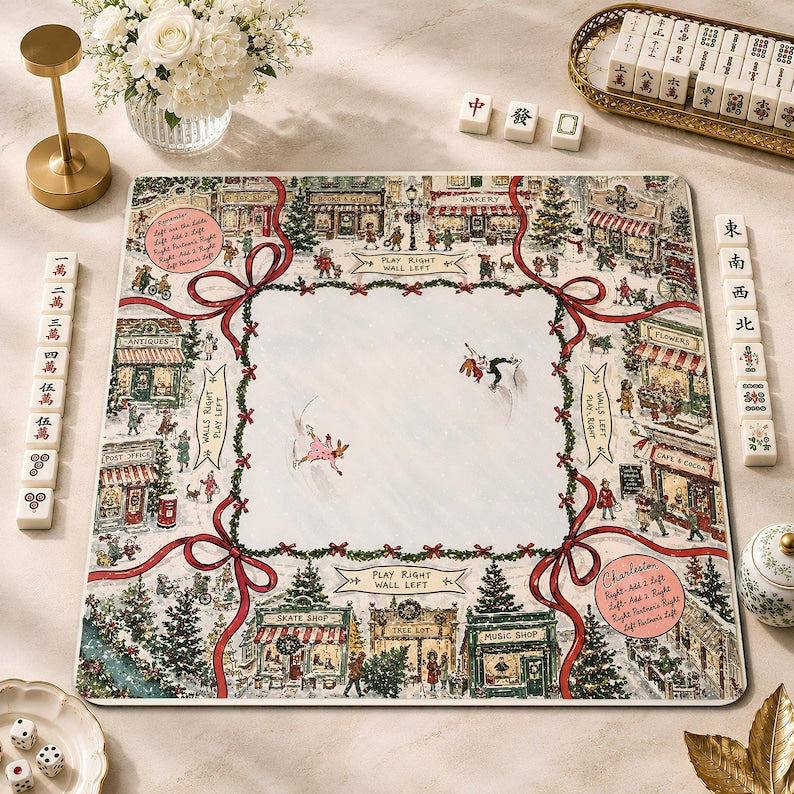 Christmas Village Mahjong Mat, Winter Town American Mahjong Game Mat, Holiday Snow Scene Non Slip Table Cover