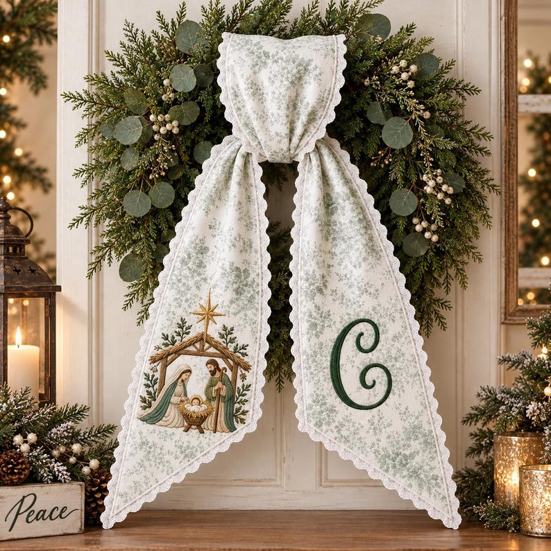Personalized Christian Christmas Wreath Sash, Nativity Monogram Wreath Bow, Embroidered Holy Family Door Decor