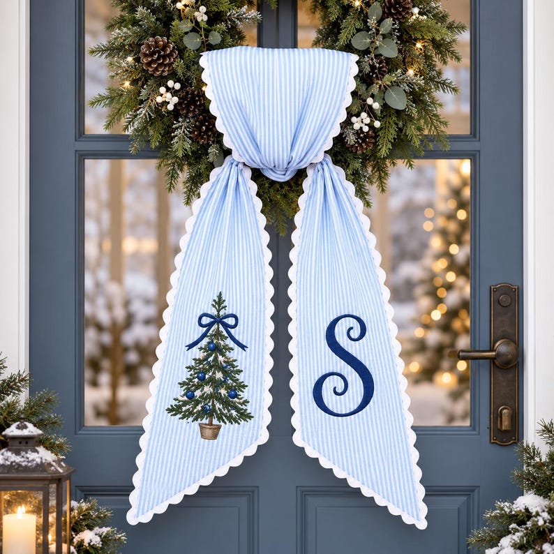 Personalized Christmas Wreath Sash, Monogram Christmas Tree Wreath Bow, Blue Stripe Holiday Door Decor