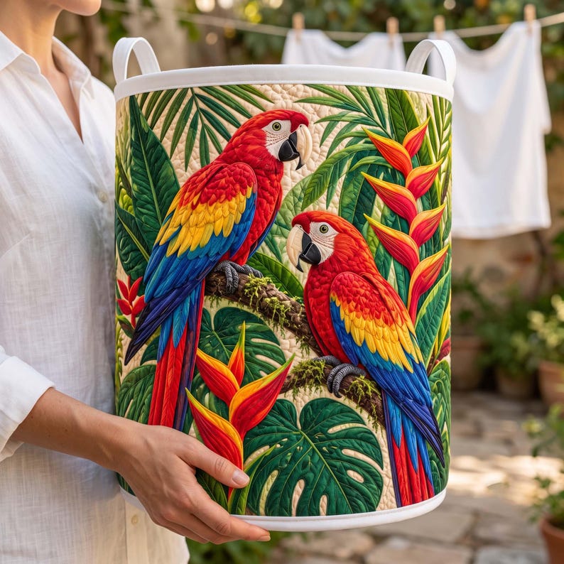 Macaw Quilted Laundry Basket, Vibrant Parrot Fabric Hamper, Large Basket