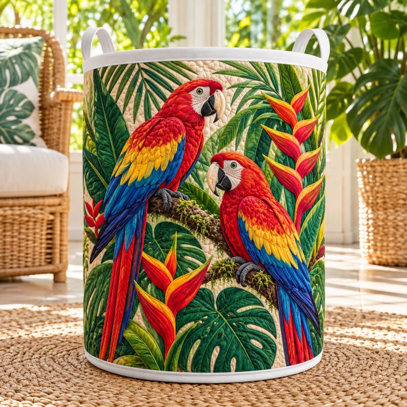Macaw Quilted Laundry Basket, Vibrant Parrot Fabric Hamper, Large Basket