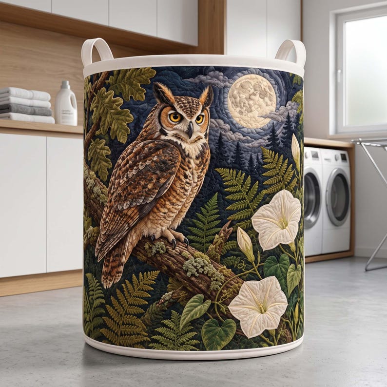 Owl Moonflower Fern Quilted Laundry Basket, Forest Animal Storage Bin, Owl Lover Gifts
