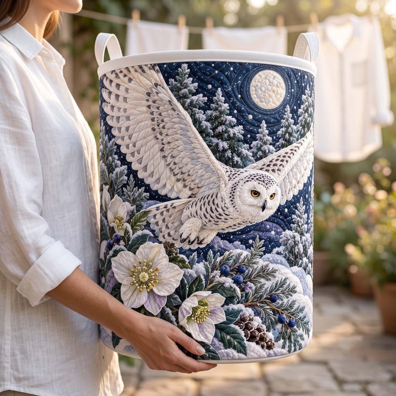 Snowy Owl Quilted Laundry Basket, Christmas Hellebore Clothes Hamper, Christmas Gifts