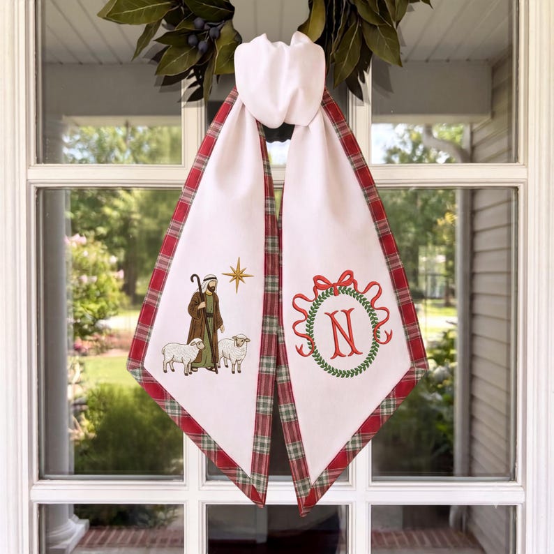 Embroidered Nativity Sash, Personalized Monogram Wreath, Red Green Plaid Border
