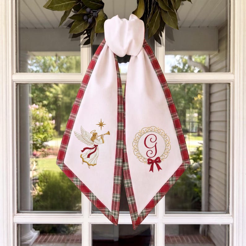 Embroidered Nativity Sash, Personalized Monogram Wreath, Red Green Plaid Border