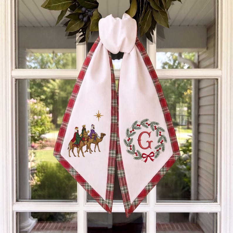 Embroidered Nativity Sash, Personalized Monogram Wreath, Red Green Plaid Border