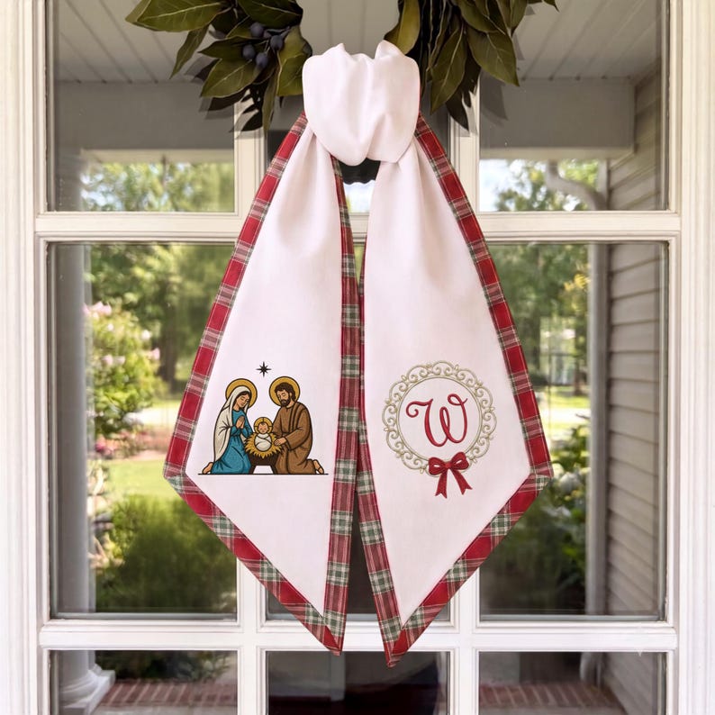 Embroidered Nativity Sash, Personalized Monogram Wreath, Red Green Plaid Border