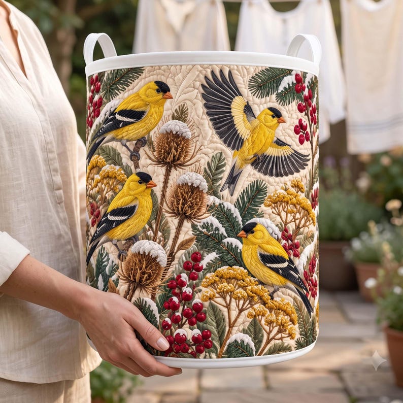 Goldfinch Quilted Laundry Basket, Winter Bird Theme Fabric Hamper, Nature Lover Gift