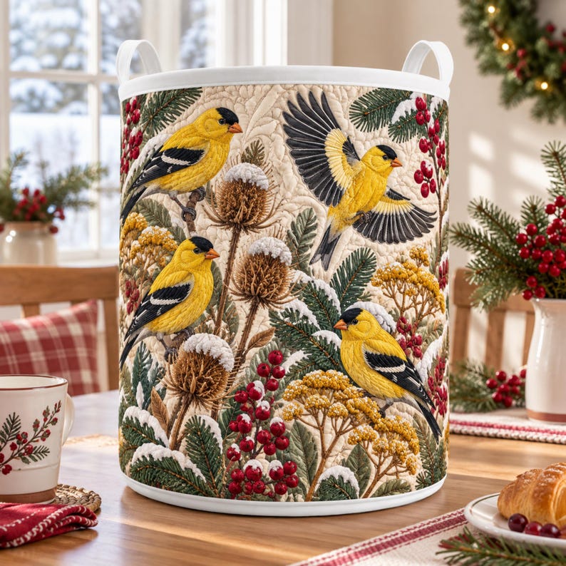 Goldfinch Quilted Laundry Basket, Winter Bird Theme Fabric Hamper, Nature Lover Gift