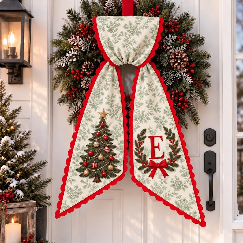Custom Christmas Tree Wreath Sash with Monogram, Personalized Embroidered Holiday Bow, Christmas Door Decor