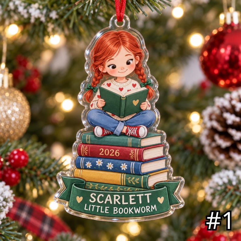 Personalized Little Bookworm Acrylic Ornament, Custom Child Name Year and Photo, Reading Lover Christmas Keepsake