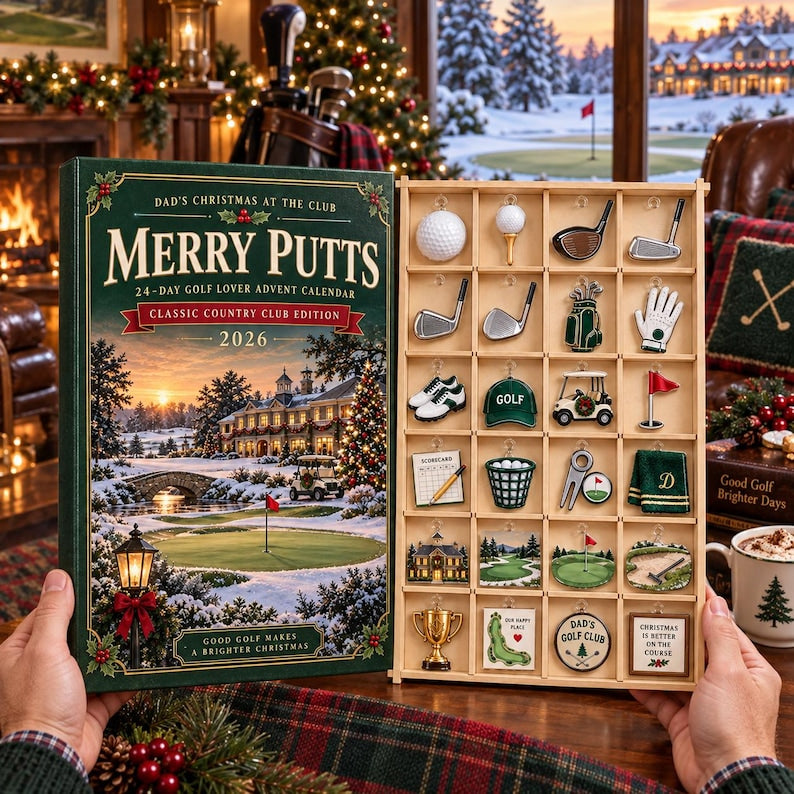 Golf Advent Calendar 2026, 24 Wooden or Acrylic Golf Charms with Display Tray, Christmas Gift for Dad, Golfer Husband Gift